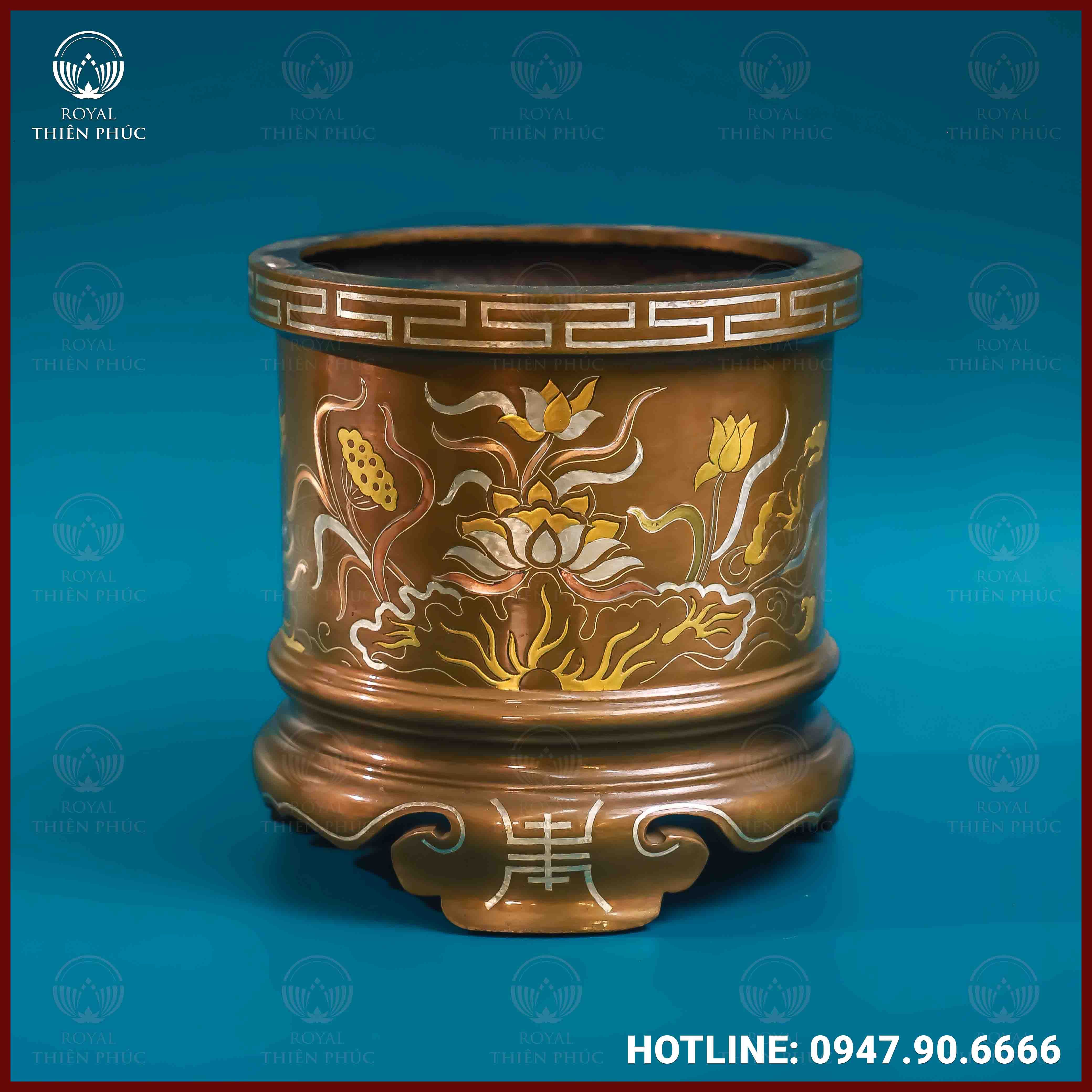  Bát hương hoa sen đồng khảm tam khí dát điểm vàng 18cm